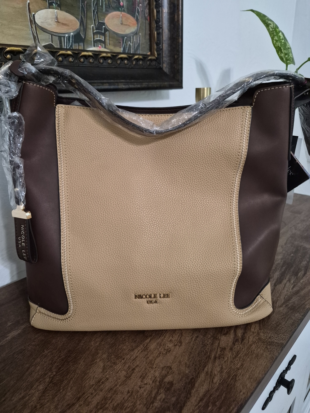 Nicole Lee Tan & Brown Pebbled Leather Tote Bag